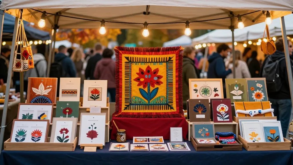 A vibrant craft stall at a local weekend market during autumn, with warm string lights, a bold centerpiece item displayed in the center, and a mix of smaller affordable handmade gifts arranged neatly around it; the background shows subtle autumn leaves and a hopeful crowd, no people speaking or text on the image.