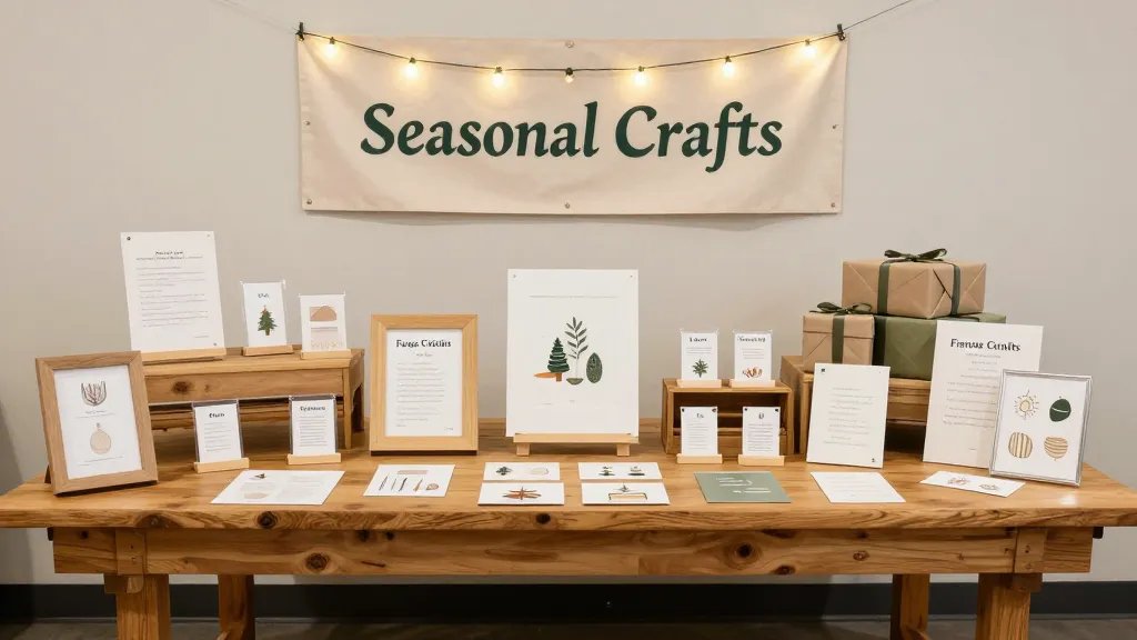 An organized craft fair setup for a winter holiday market: sturdy wooden table, clear pricing tags, a few large-ticket centerpiece items, several smaller affordable crafts, and a small banner indicating “Seasonal Crafts” in the background, with soft fairy lights and wrapped gift boxes accenting the display; no text on the image.