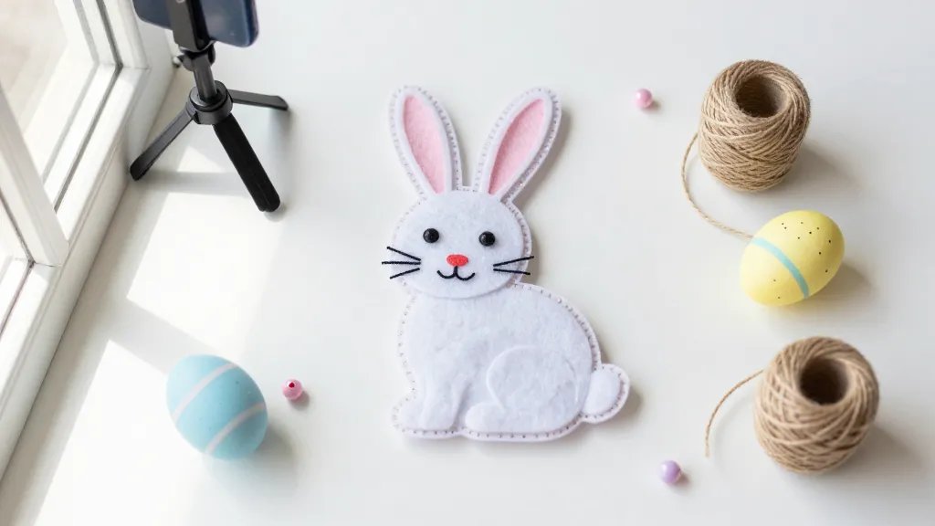 A bright Easter craft flat lay on a clean white backdrop: in the center a hand-assembled felt bunny with glitter accents, surrounded by pastel-painted eggs, tiny beads, and a mini spool of twine; natural window light from the left creates soft shadows, a shallow depth of field in a smartphone macro lens, tripod-stabilized, high crisp color, no text.