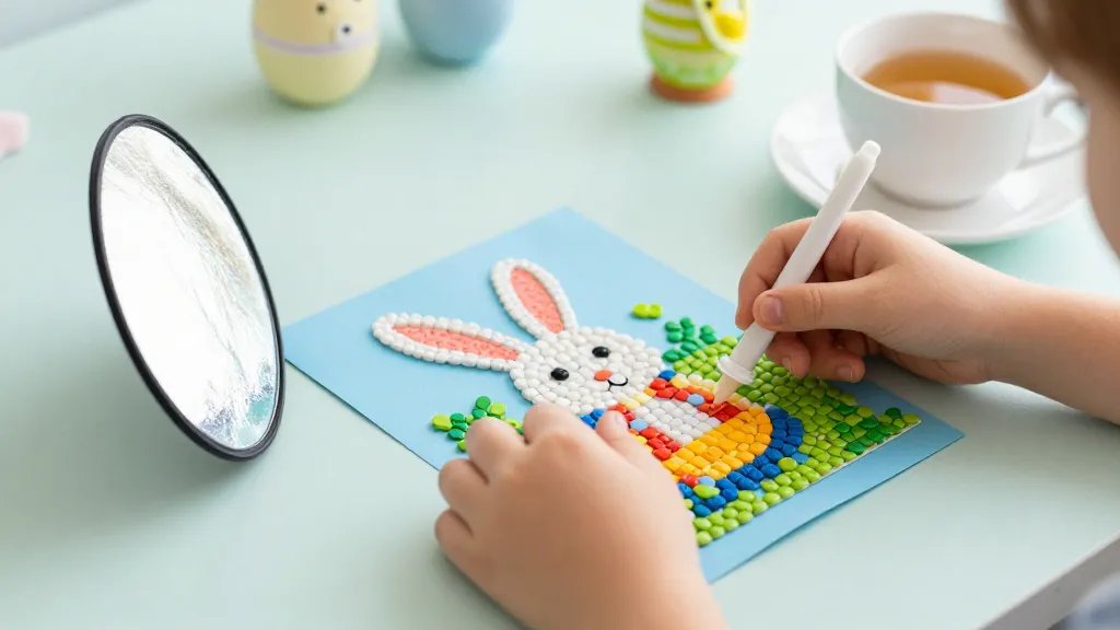 A storytelling craft scene staged on a light pastel backdrop: a child’s hands assembling a colorful paper-mosaic Easter display with a mini LED panel for gentle fill, a small reflector to soften shadows, and close-up focus on the beadwork and glue texture; include a nearby cup of tea and a faint bokeh of out-of-focus Easter decor in the background, natural morning light, no text.