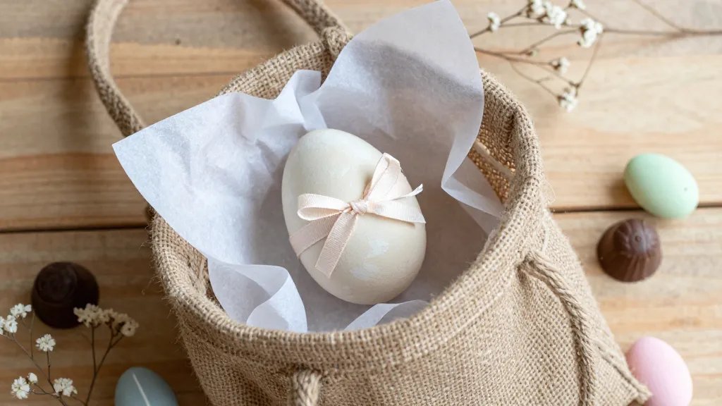 A flat-lay composition featuring a rustic burlap tote lined with tissue paper, an handmade painted clay egg partially wrapped in tissue, a small ribbon bow, and soft pastel Easter elements (mini chocolates, sprigs of dried flowers). The scene sits on a wooden surface with natural light, emphasizing a cozy, rustic chic vibe suitable for Pinterest.