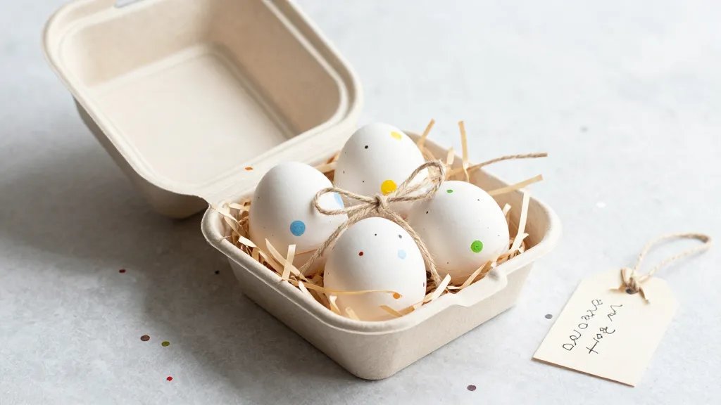 A styled mini takeout box arranged as an Easter gift: the box open to reveal painted ceramic eggs nestled in shredded paper, tied with twine and a delicate handwritten tag visible on the side, with a few confetti sprinkles scattered around and a light, airy background to evoke a charming, thoughtful gifting moment.