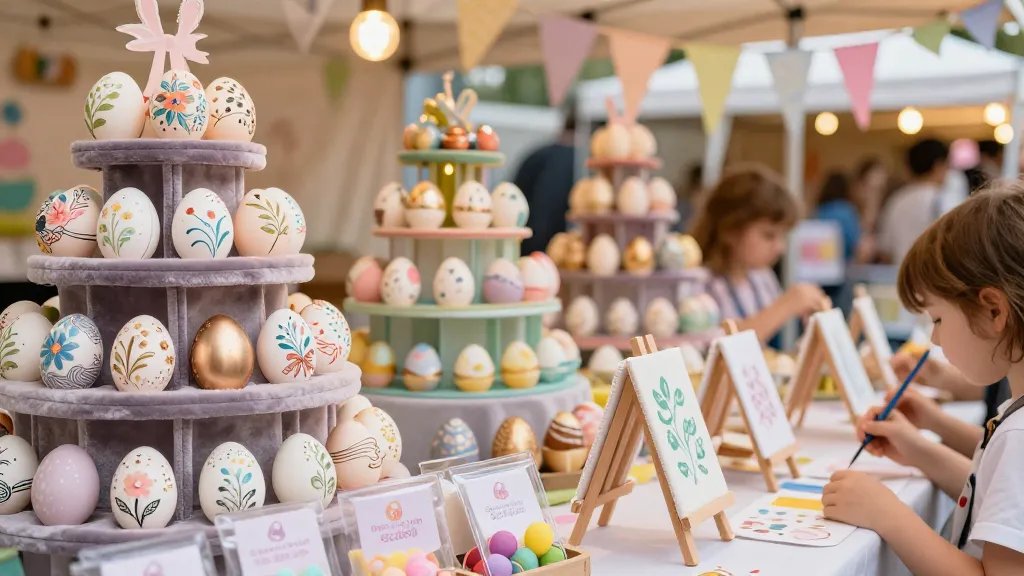 A vibrant Easter market stall filled with hand-painted eggs displayed in tiered velvet-lined stands, featuring delicate floral designs, metallic accents, and a DIY egg-painting corner with small kids' easels and stencils; warm festival lighting, pastel bunting overhead, and clear packaging sleeves with cute tags visible in the foreground (no text on image).