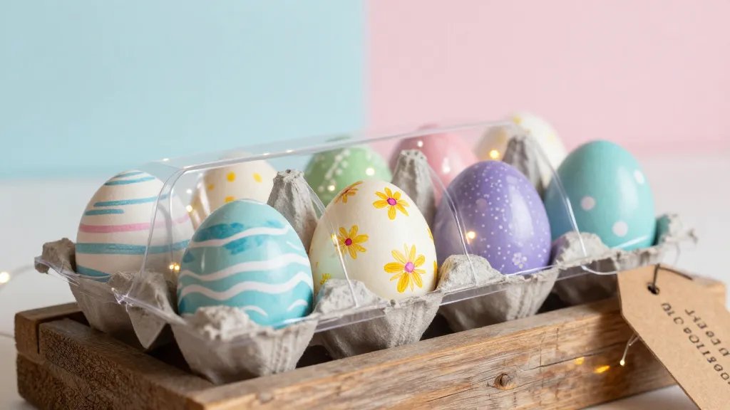 A close-up of a handmade Easter egg gallery box set: several hand-painted eggs in a clear, protective sleeve arranged on a rustic wooden display, with subtle reflections from fairy lights, soft pastel backdrop, and a kraft-paper tag with care instructions partially visible (no text on image).