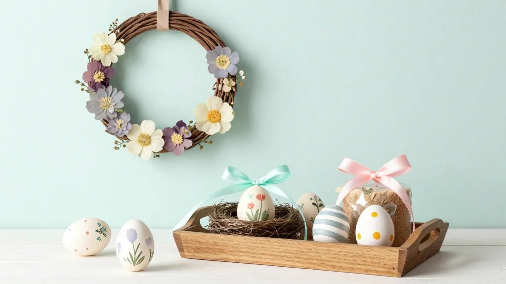 A bright, showroom-style still life featuring hand-painted wooden eggs arranged on a rustic wooden tray with a natural nest, pastel ribbons, and soft spring lighting; surrounding decor includes a pressed flower wreath hanging on a pale mint wall, with subtle shadows and a clean, minimal background to emphasize the crafts as gift-ready home decor.