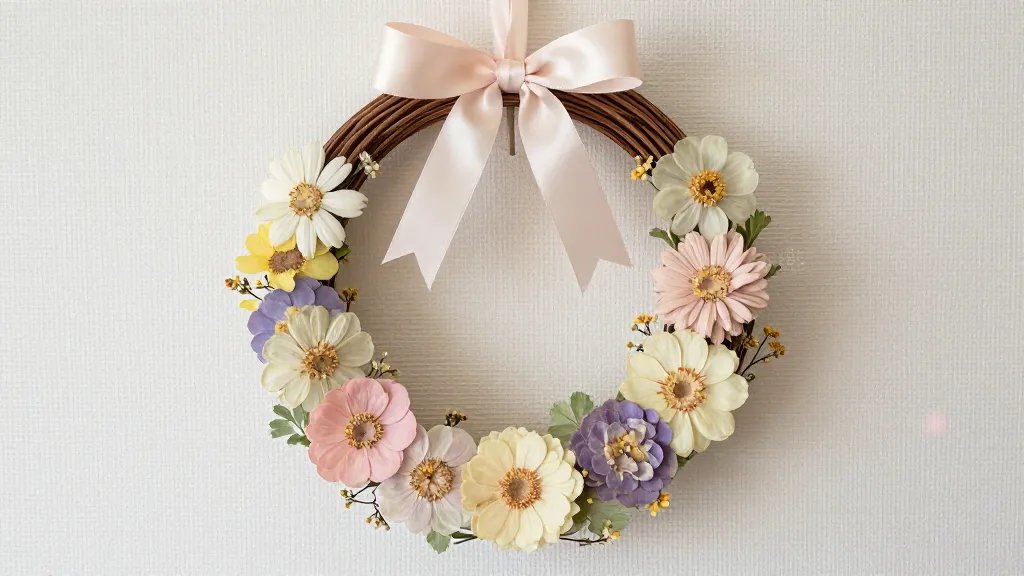 A close-up product-style shot of a pastel-themed pressed flower wreath hung on a light woven backdrop, with delicate textures from pressed petals, satin ribbon bow accents, and a soft bokeh background; the composition should be clean and upscale, implying easy online listing photography without visible branding.
