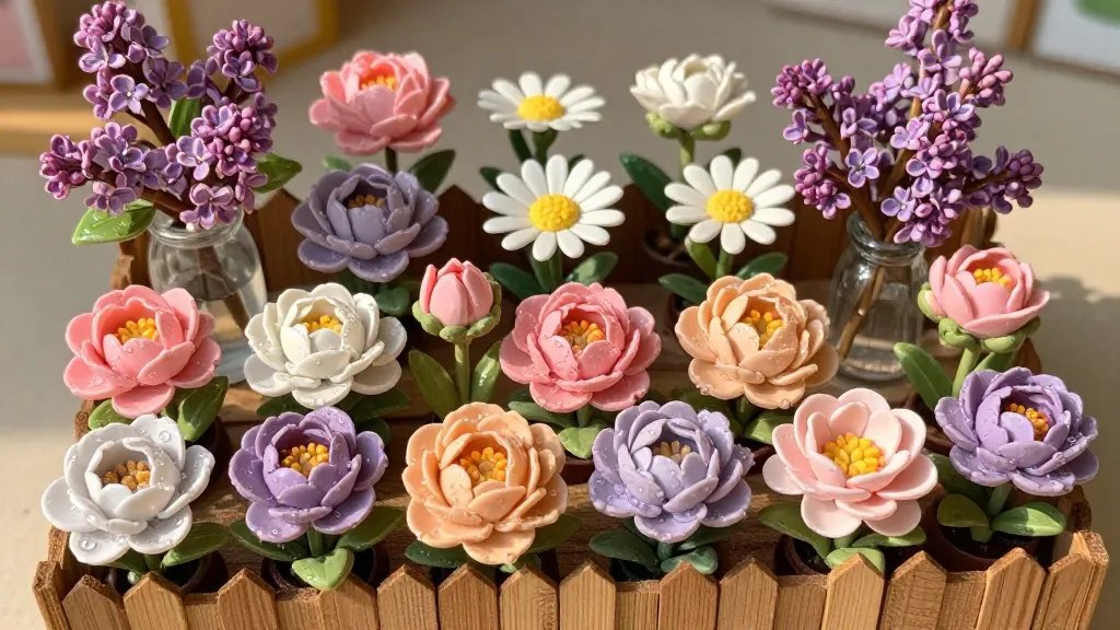 An intricate mini flower display inside a dollhouse-like setting: a small rectangular market garden bed made from thin wooden slats, dozens of tiny clay blossoms in multiple layer depths (peonies, daisies, and lilac sprigs) with glaze to mimic dewy petals, translucent water droplets perched on petals, and a slender glass vase nearby, warm spring light casting gentle shadows.