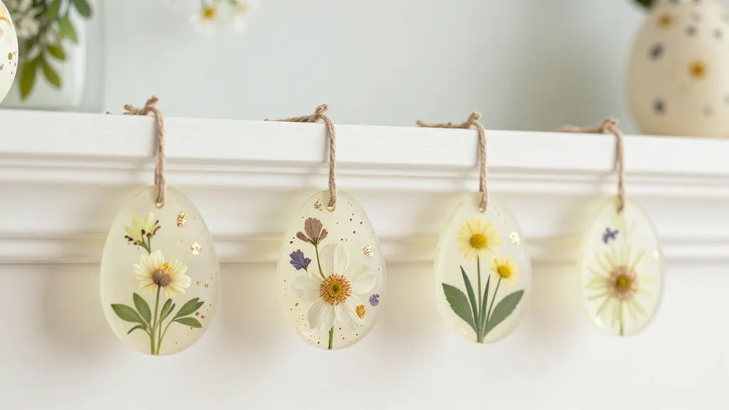 A bright, cozy Easter table setting featuring pressed flower egg ornaments hanging or resting on a pastel-colored mantel, with delicate translucent eggshell halves displaying flat, light-colored petals and subtle metallic paint dot accents, photographed in soft natural light against a softly blurred floral backdrop.
