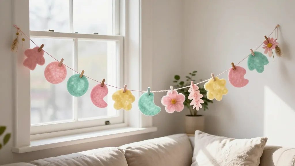 A sunlit living room corner featuring a handmade pastel garland strung across a window nook. The garland is composed of felt shapes in soft pinks, mint, and pale yellow, interspersed with delicate paper flowers and dried grasses. Natural light, cozy textiles, and a small potted plant in the background, no text.