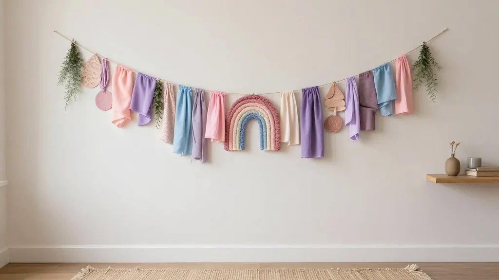 Boho-inspired gallery wall with a long rainbow-inspired garland made from fabric scraps and twine. Include mixed textures: fabric strips, felt shapes, and lightweight greens. Palette shifts from blush pinks to soft lavenders and airy blues. Neutral walls, a woven rug, and a floating shelf with minimal decor, no text.