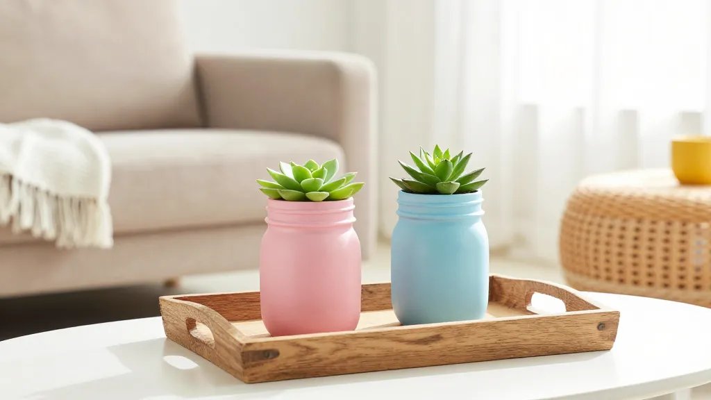 A sunlit living room corner featuring two pastel-painted mason jar planters on a rustic wooden tray. Include one pink jar and one blue jar with small green succulents, a neutral beige sofa in the background, and a soft white throw with a wicker/rattan coffee table nearby. The scene should convey bright, spring-ready vibes with natural light streaming through sheer curtains, minimal clutter, and a touch of yellow as an accent in a nearby decorative item.