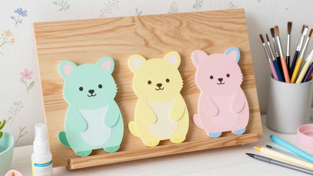A cheerful sunny craft corner display: three completed spring animal figurines arranged on a wooden board with a subtle flower-strewn backdrop, each figure colored in soft spring hues (mint, pastel yellow, blush pink, sky blue), tiny eyes and gentle smiles created with a fine-tipped marker, plus a small spray bottle of sealant in the foreground and a selection of brushes and cutting tools neatly arranged on the side, all photographed from a slightly elevated angle.