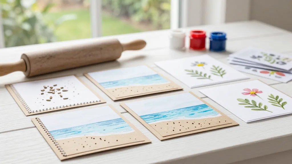 A bright, sunlit craft table scene featuring a coastline of seed-stamped Easter cards laid out on kraft-colored paper, with a rolling pin, seed packets, and ink pads nearby; scattered tiny seeds visible on the card edges, a soft-focus garden window in the background, and a few finished cards displaying delicate floral leaf/petal impressions.