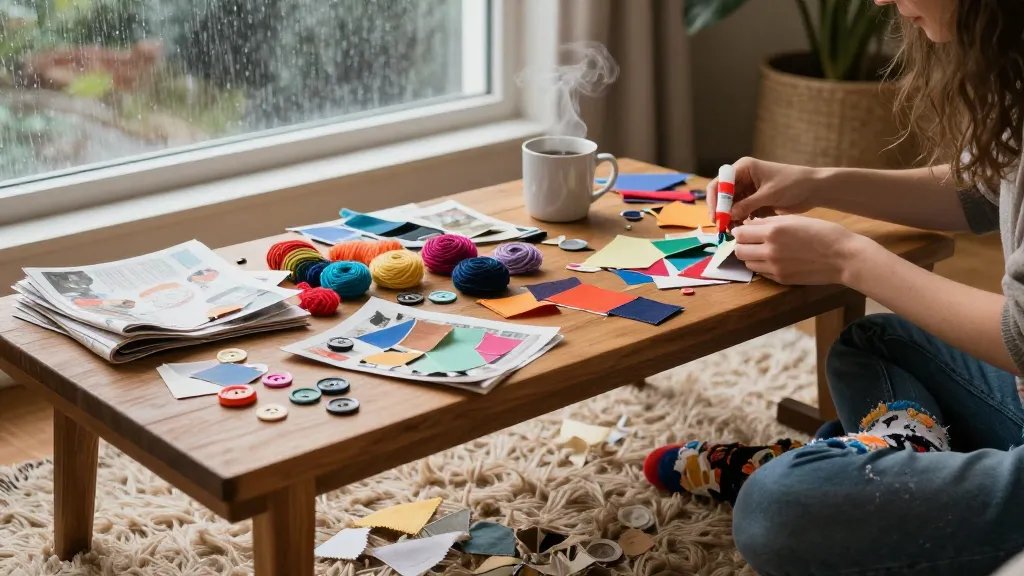 A cozy, sunlit indoor scene on a rainy day: a wooden coffee table with a neatly spilled array of crafty scraps—colorful yarns, torn magazines, buttons, and coffee mug steam rising—while a person wearing messy-art socks sits cross-legged on a fluffy rug, hands mid-craft with fabric scraps and a glue stick, soft ambient lighting, rain visible on a window in the background, warm earthy tones.