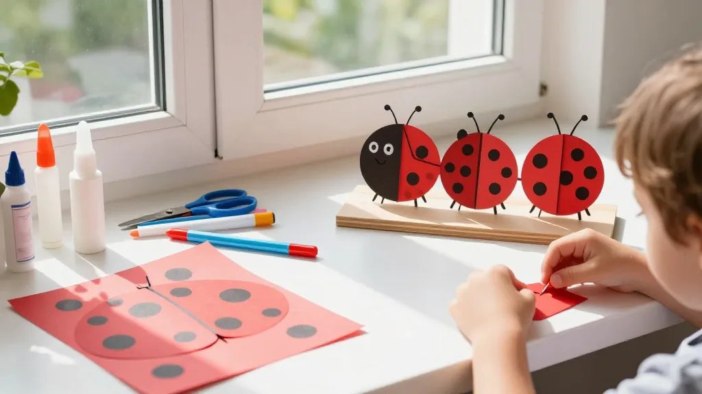 A bright, cheerful craft workspace featuring a kid-friendly setup for making paper ladybirds: red paper cutouts with black polka dots, glue sticks, scissors, markers, and paint on a sunny windowsill; a completed smiling ladybug team displayed on a wooden board with natural light streaming in, while a small child’s hands gently adds final touches.