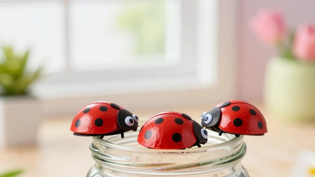 Close-up scene of three finished ladybird crafts perched on a glass jar and a wooden surface: vivid red shells with black dots, tiny googly eyes, and a glossy finish; background shows a soft, pastel-colored spring decor and a blurred window with daylight, emphasizing photogenic textures and cheerful colors.