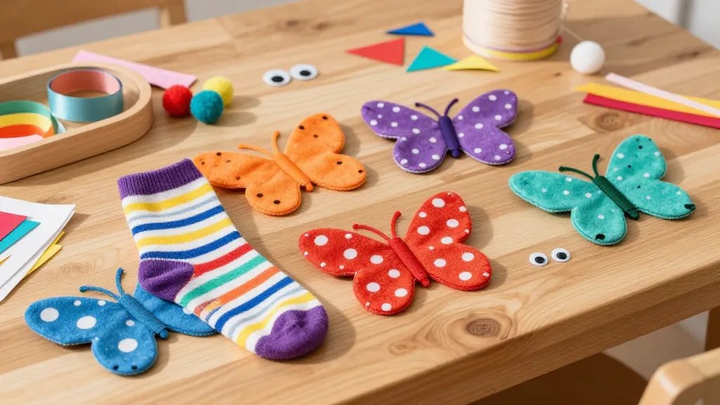 A bright, cozy craft table scene showing colorful sock butterflies in progress: vibrant striped and polka-dotted socks, wooden craft supplies, pom-poms, ribbon, googly eyes, and fabric scraps scattered on a sunlit wooden table; include orange, purple, and teal butterflies with tied middle bodies, no text visible.