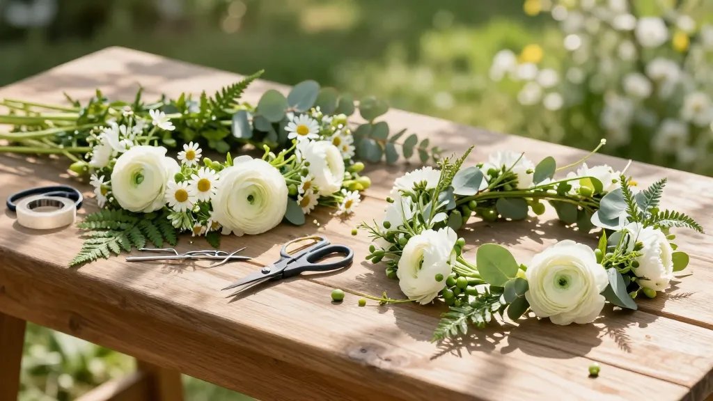 A sunlit outdoor scene of a DIY flower crown being crafted on a wooden workbench. Fresh ranunculus, daisies, and peas mixed with eucalyptus and ferns are arranged next to floral wire, tape, scissors, and cutters. A partially formed crown rests on the bench, with natural light filtering through leaves and a soft spring background hinting at a garden or backyard.
