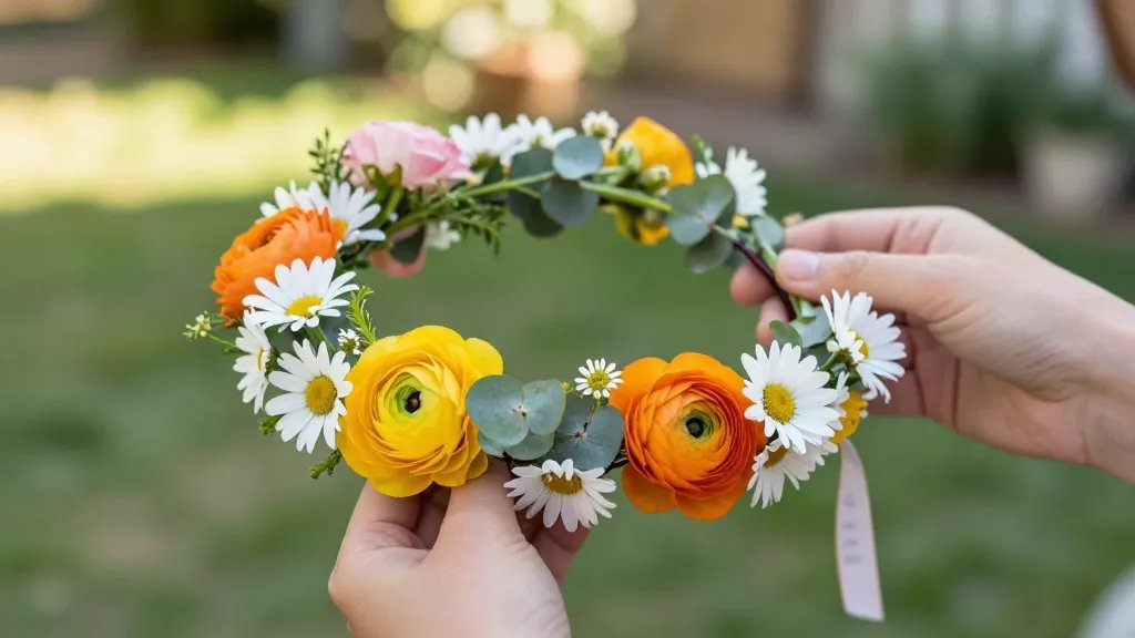 Close-up composition of hands shaping a flower crown with floral wire and tape. Focus on a mix of vibrant blooms (ranunculus and daisies) and greenery (eucalyptus) being secured along a flexible base, with a ribbon partially tied at one end and a blurred, sunlit garden backdrop in the distance. The image should convey a DIY pro vibe in under-30-minutes feel.