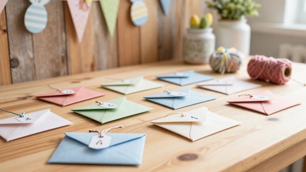 A cozy, sunlit craft table scattered with tiny handmade fabric envelopes, numbered tags, and colorful twine, with a rustic wooden backdrop, playful Easter decorations, and a soft-focus background creating a warm, inviting mood; no text visible on any envelopes or surfaces.