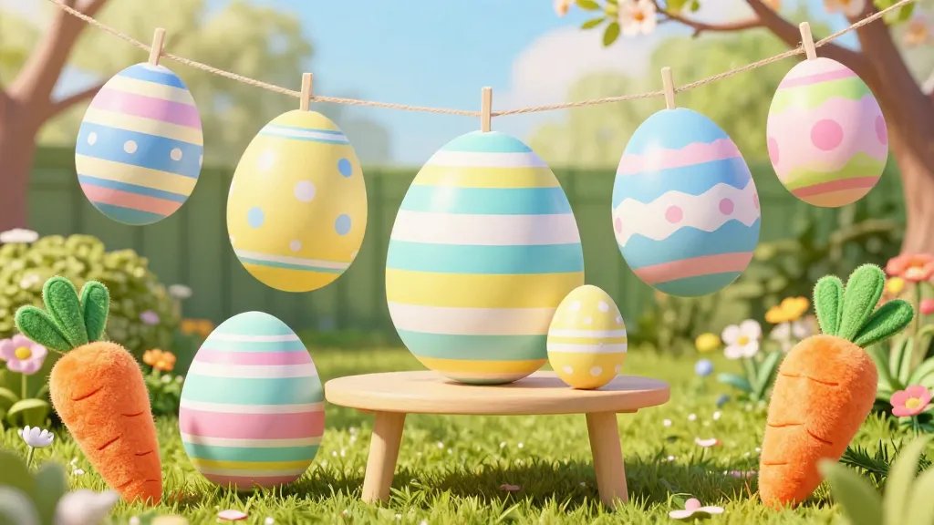 A bright, cheerful Easter photo scene featuring oversized paper egg props in bold pastel stripes and polka dots, hanging from a string to create playful mid-air props; backdrop is a springy garden with soft sunlight, a simple table to lean a few jumbo eggs on, and a single statement prop (like a large felt carrot) foreground to avoid visual chaos. No text on the image.