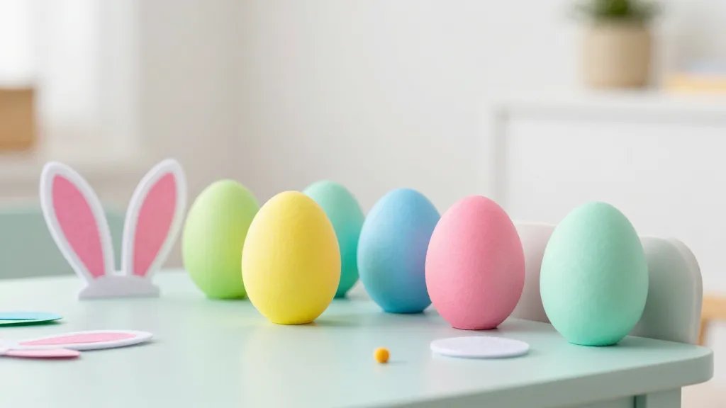 A cozy indoor setup with jumbo egg photo stand-ins made from colored paper and cardboard, each egg on a lightweight dowel leaned into a corner of a pastel-colored table, with bunny ears made from felt placed nearby; include scattered tiny props and a soft bokeh background to emphasize bright, kid-friendly colors. No text on the image.