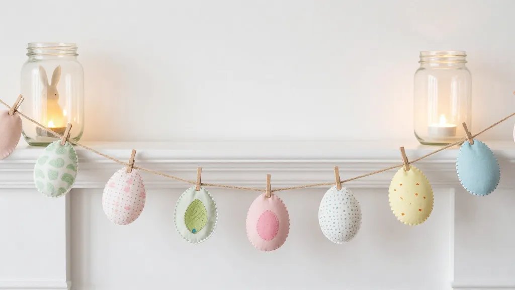 A cozy spring mantel scene featuring a fabric egg garland draped across twine, with assorted pastel fabric scraps cut into egg shapes, some stitched and others glued, and a softly lit background including a Mason jar bunny lantern on one end; the setting is bright, eco-friendly, and artisanal without any visible text or branding.