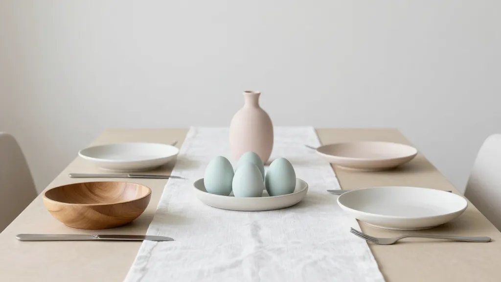 A serene minimalist Easter table setting in soft, natural tones: a white linen table runner over a warm beige table, matte ceramic dishes in off-white, wooden bowls with subtle grain, a single muted-pastel centerpiece (blush pink and sage green) in a simple ceramic vase, a monochrome pale blue egg display arranged in a shallow tray, and no clutter, ambient daylight, clean lines, photos should feel calm and stylish with ample negative space, no text or logos.