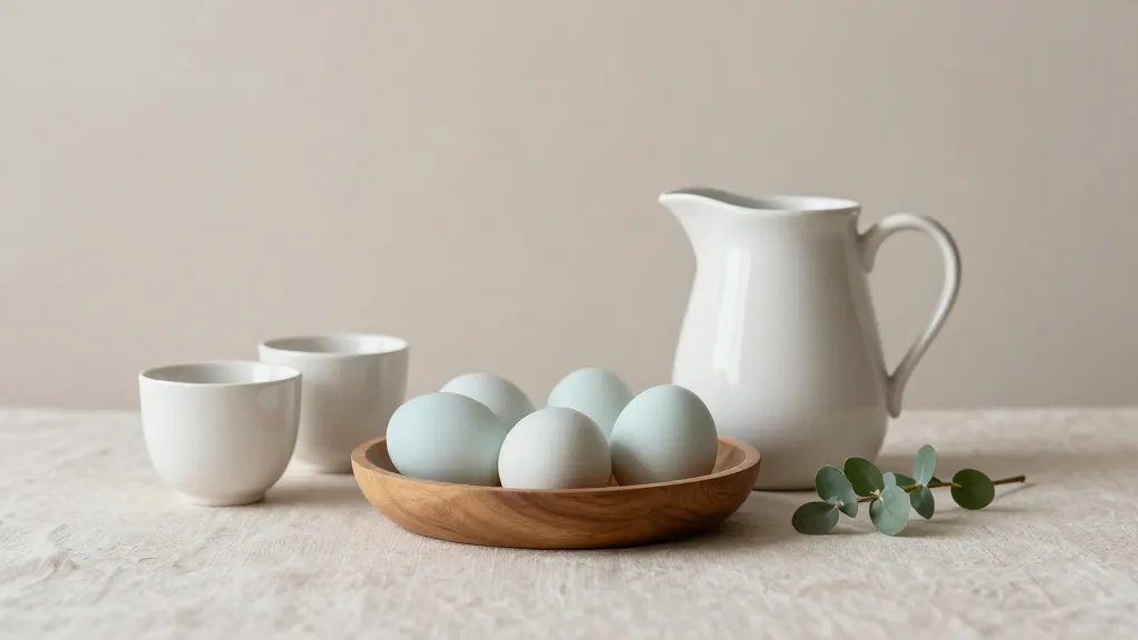 A calm Easter still life vignette: neutral-toned background with soft textures (linen, wood), a simple ceramic pitcher and matching cups, a few pale-blue eggs arranged in a minimalist line within a shallow wooden bowl, a single sprig of greenery for a gentle accent, soft shadows and diffused light to emphasize serenity and elegance, no clutter, no people, no text.