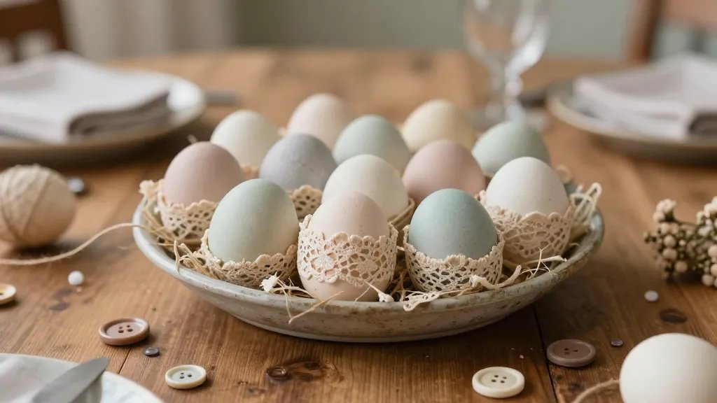 A cozy vintage Easter table centerpiece featuring softly pastel, muted-toned dyed eggs wrapped in delicate cream lace, set on a wooden farmhouse table with scattered tiny buttons, twine, and dried florals; warm natural light, shallow depth of field, no text on image.