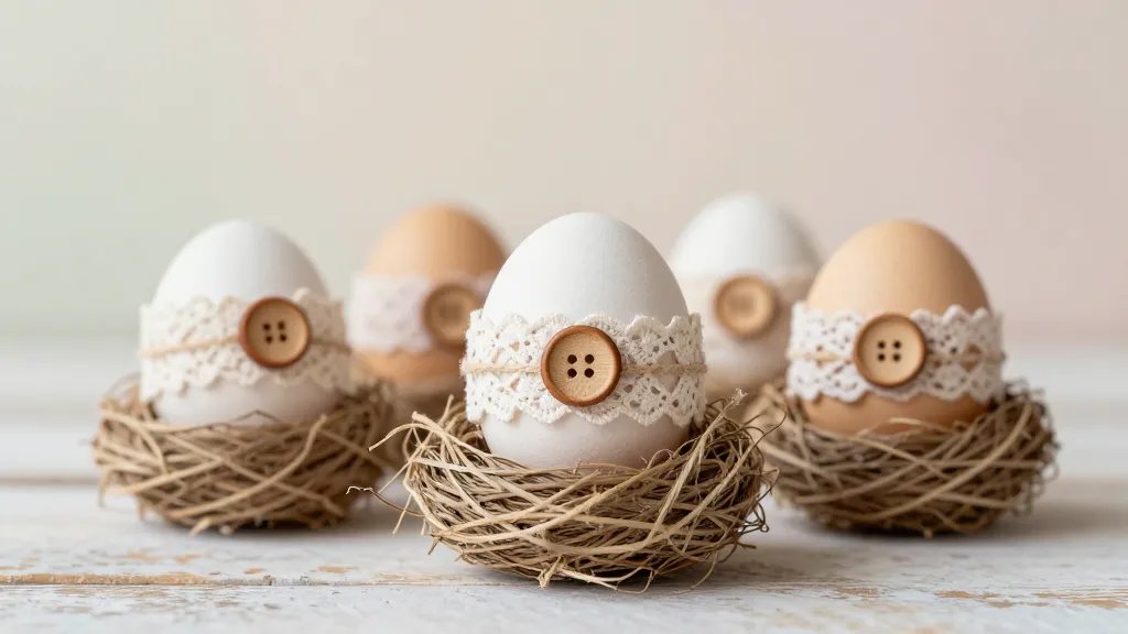 Close-up of rustic eggs wrapped in lace and twine with small wooden buttons, arranged in a handmade papier-mâché nests, against a soft pastel backdrop and weathered wood surface, evoking timeless, memory-making craft vibes; studio lighting, no text.