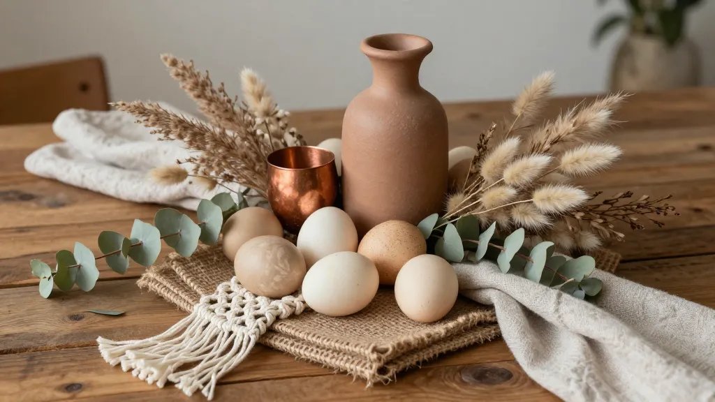 A boho Easter centerpiece on a rustic wooden table: natural-dinish eggs in tea-stained beige shades nestled in a layered arrangement of jute runners, macrame elements, linen napkins, and dried botanicals (like pampas, eucalyptus, and bunny tails). Warm bronze/copper accents, soft sage and blush touches, and a driftwood or terracotta vase as the focal point, with ambient natural light and subtle shadows for an earthy, chic, Instagrammable vibe. No text.