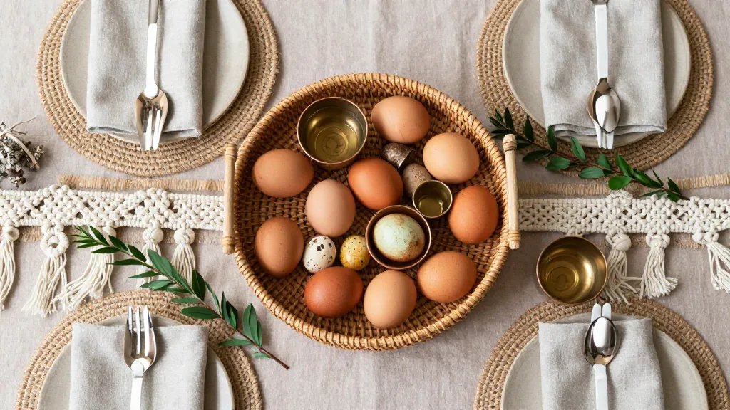 An overhead still-life scene of a boho Easter tablescape: a woven rattan tray holding a mix of terracotta eggs, tea-dyed eggs, and small brass/copper candle holders, surrounded by linen napkins, dried florals, and macramé garland. Include layered textures—jute placemats, a soft taupe tablecloth, and greenery sprigs—against a neutral backdrop to convey a calm, chic, boho Easter atmosphere. No text.