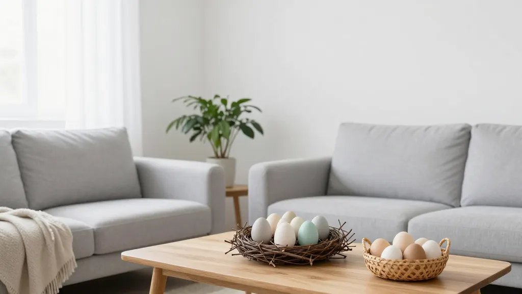 A bright, airy Scandinavian Easter scene in a minimalist living room: white walls, pale gray sofa with a soft beige throw, natural wood coffee table, and a twig Easter centerpiece with handmade ceramic eggs in muted pastels; light streaming through sheer curtains, potted greenery, and a woven rattan basket filled with neutral-toned eggs—calm, uncluttered, and cozy.