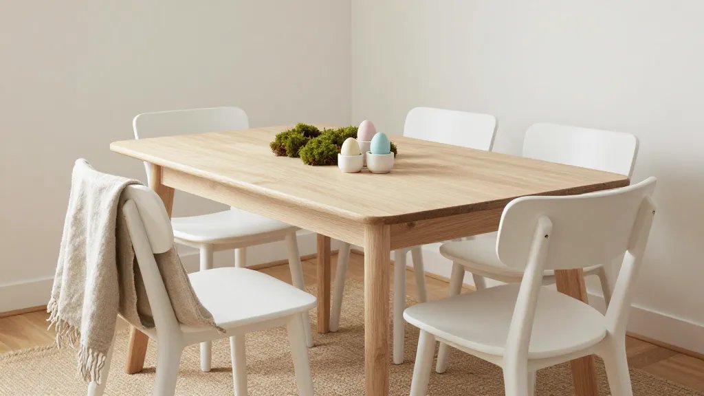 A cozy Scandinavian dining nook for Easter: light wood dining table, white chairs, and a subtle centerpiece of moss greens and pale pastel eggs in simple ceramic holders; textile textures in linen and jute, warm beige rug, and soft, diffused daylight highlighting clean lines and natural materials to create a joyful yet serene spring vibe.