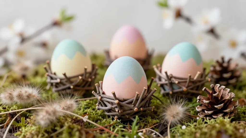 A close-up scene of twig-wrapped Easter eggs perched on a soft moss bed, with delicate pastel-tinted paint at the tips. Surround the eggs with wisps of dried grasses, tiny pinecones, and a light bokeh background of spring blossoms to evoke a natural, crafty ambiance.