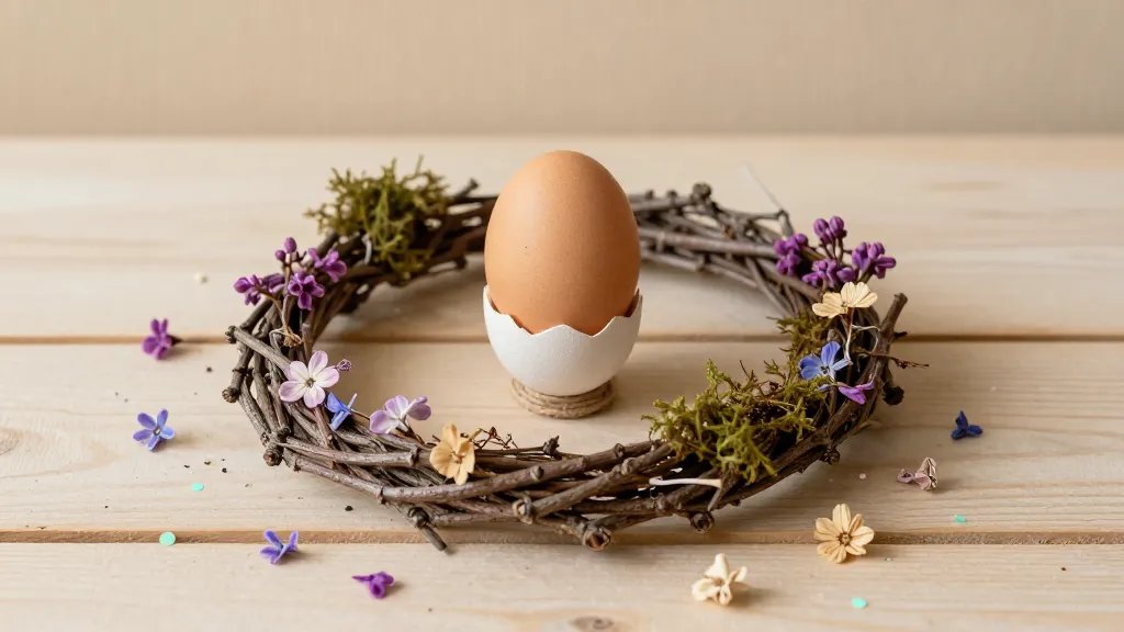 A rustic tabletop display featuring a single twig ring around a faux egg, accented with scattered driedflowers and fresh lilac sprigs. Include a subtle wooden backdrop, scattered pastel paint specks, and natural textures of moss, twine, and foam egg base for a serene nature-inspired Easter vibe.