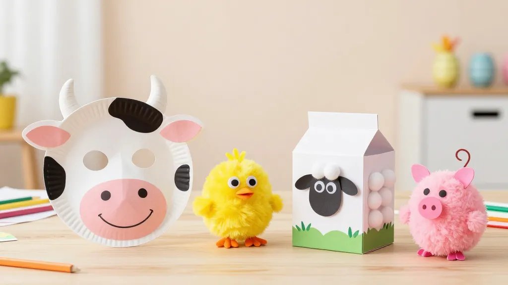 A bright, kid-friendly craft room scene featuring a collection of farm animal Easter crafts in progress: a white paper plate cow mask with black spots and a friendly smile, yellow Puffy Chick Puppets with orange beaks and googly eyes, a Milk Carton Sheep Treat Box wrapped in cotton balls, and pink Pom-Pom Piggies with tiny ears and a curling tail. Soft pastel backdrop, natural light, subtle craft supplies scattered on a wooden table, without any text.