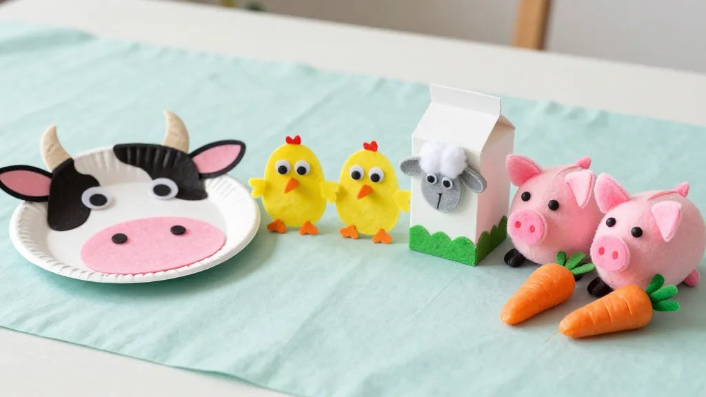 Close-up still-life of completed farm animal Easter crafts arranged on a pastel table runner: a cheerful paper plate cow mask, a row of yellow chick puppets with beaks and googly eyes, a milk carton sheep treat box with fluffy cotton accents, and a pair of pink pom-pom piggies perched beside tiny prop carrots. Focus on textures (felt, cotton, pom-poms) and bright, friendly colors, no text.
