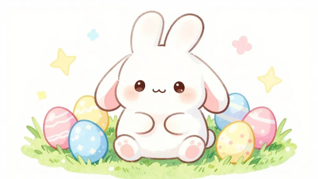 A kawaii Easter scene featuring a round, chubby-cheeked bunny with long floppy ears, a tiny pink nose, and big sparkling eyes, sitting amid pastel Easter eggs on a mint-green grass patch, with soft watercolor textures and gentle highlights to emphasize a cute, Instagram-ready vibe (no text).