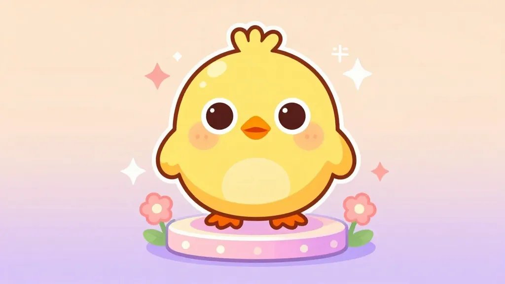 A kawaii Sunny chick character with oversized eyes, a warm orange-yellow body, a tiny beak, and a blush on its cheeks, perched on a pastel pedestal surrounded by tiny blossoms and sparkles, against a soft peach and lavender gradient background, designed for a cheerful, shareable craft-guide feel (no text).