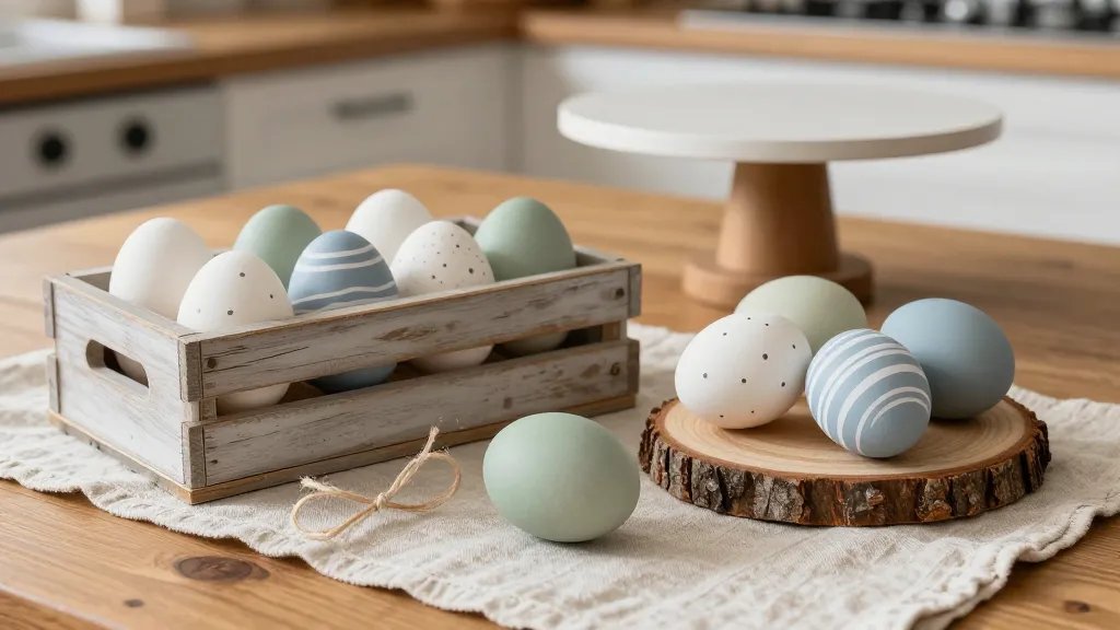 A cozy rustic Easter scene on a wooden kitchen table: painted eggs in neutral tones (eggshell white, sage green, dusty blue) with tiny dot and stripe patterns arranged in a shallow wooden crate and on a chunky log slice, natural twine accents, warm natural light, and a thrifted cake stand in the background; soft textures of a linen table runner and chipped paint on the crate for character. No text.