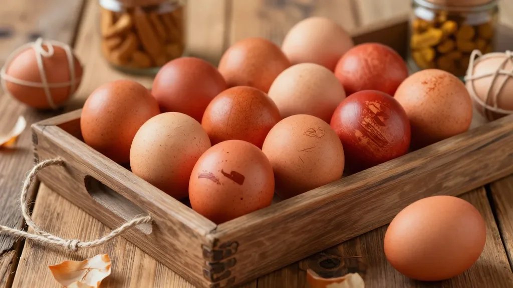 Natural dye Easter display: a collection of subtly varied dyed eggs (orange-toned and earthy reds) resting on a weathered wooden tray with a few twine-wrapped eggs, atop a rough-cut wooden table; background hints of onion skins and turmeric jars, warm golden-hour lighting, rustic, imperfect brush-stroke patterns visible on the eggs but no文字.