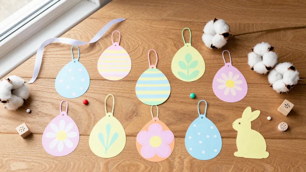 A flat lay of pastel paper Easter ornaments (eggs, flowers, small bunnies) arranged on a wooden table with cotton balls, seed beads, ribbon, and tiny stamps scattered around, natural light from a window, crisp, playful, and high-contrast colors.