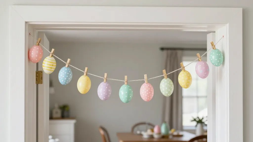 A doorway or mantel setup showcasing an egg-in-cootie-clip garland. Plastic eggs clipped along a lightweight string, draped across a doorway or mantel with a few pastel decorative accents, against a clean, neutral living room or dining area background, capturing a quick, budget-friendly last-minute Easter decorating vibe.