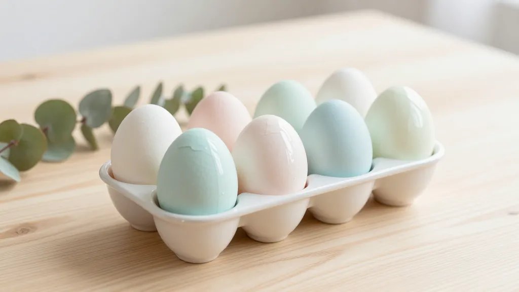 A chic, minimal Easter tablescape featuring Paper-Palette Eggs: soft pastel paper shapes taped onto hard-boiled eggs with a clear gloss spray finish, arranged in a simple white ceramic egg holder on a light wood table, with subtle natural light and a few sprigs of eucalyptus nearby; no text, hyper-clean composition, high-contrast but calm color palette.