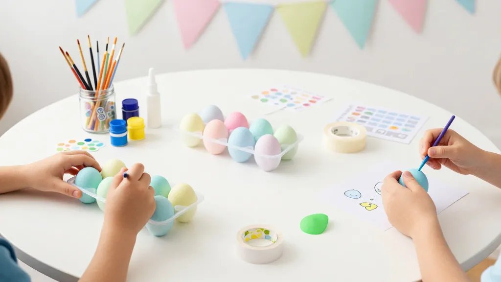 A bright, organized kitchen table scene: a few plastic trays at child-height, foam eggs in pastel colors, surrounding supplies (acrylic paints, brushes, washable markers, stickers, glue sticks, tape, printable cardstock templates). The table is clutter-free with a subtle Easter backdrop (soft pastel banner) and natural daylight, showing two kids’ hands painting and decorating eggs, no text on the image.
