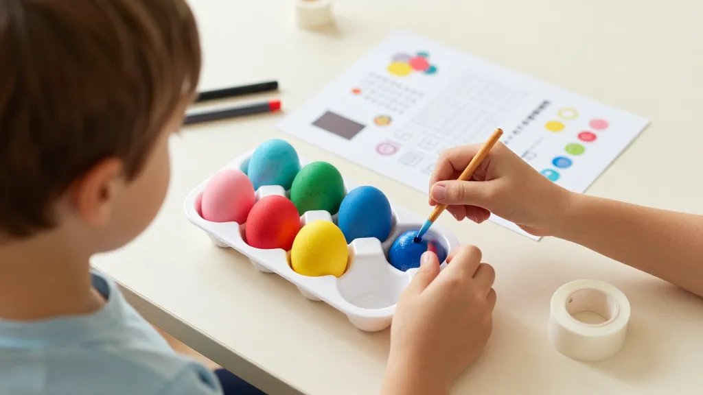 A quick-start craft station montage: close-up on a single kid-friendly setup with a small tray for a child, foam eggs being painted with bold colors, a sheet of printable templates nearby, markers and stickers within reach, a glue stick and tape visible, all on a clean table surface. Soft, warm lighting and minimal background, no words or text.