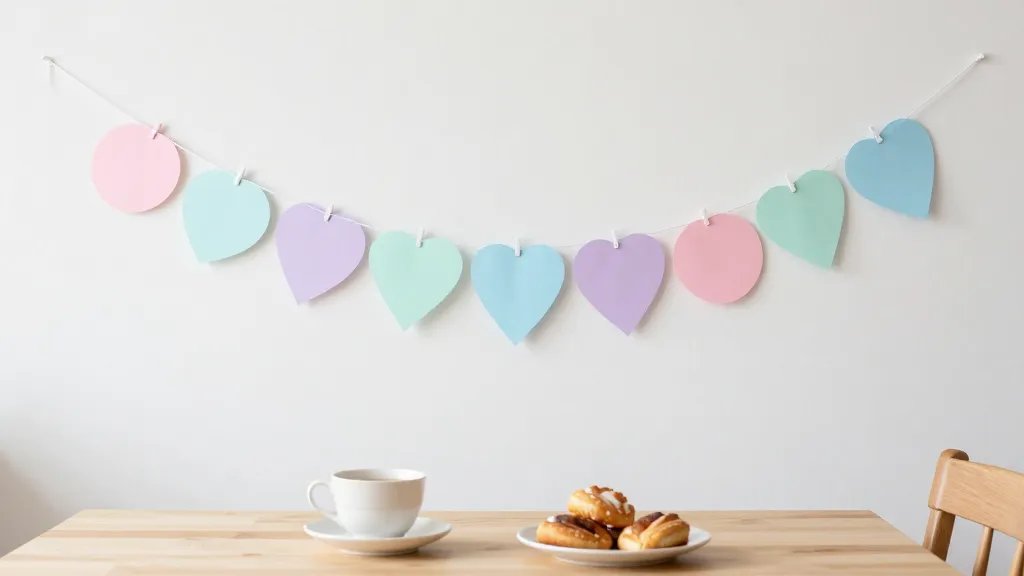 A bright, cozy kitchen table scene featuring a pastel paper garland strung across a wall above a breakfast setup. Include soft pink, mint, lavender, and baby blue paper shapes (circles, hearts, pennants) with tiny holes punched and threaded on a delicate white string. The table shows a light breakfast with a cup of tea and a small plate of pastries, natural morning light, and a gentle, inviting spring vibe; no text or branding visible.