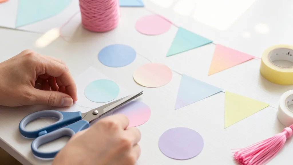 A close-up craft-in-progress shot on a sunny tabletop: hands cutting pastel construction paper into shapes (circles and pennants), a pair of scissors, a roll of string, and a few finished garland pieces laid out, plus a tassel ribbon touch in one corner. Emphasize soft gradient colors, sticky tape, and a cheerful, DIY atmosphere with subtle bokeh from sunlight. No text on the image.